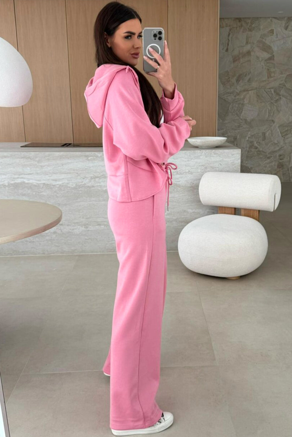 Pink Solid Color Zip Up Hoodie Drawstring Loose Pants Set Two Piece Pants Sets bf9b5a7dfed0befe