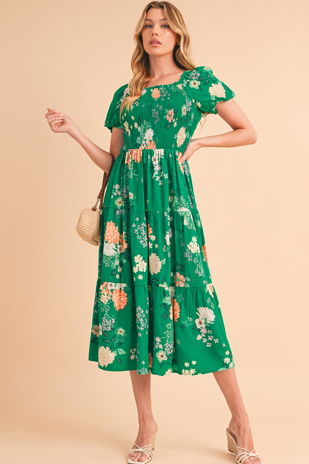 Green Floral Print Bubble Sleeve Smocked Tiered Midi Dress Midi Dresses bf9d54bf2595fe07