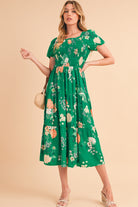 Green Floral Print Bubble Sleeve Smocked Tiered Midi Dress Midi Dresses bf9d54bf2595fe07