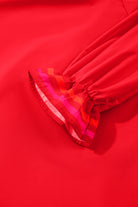 Fiery Red Striped Trim Ruffle Split Neck Long Sleeve Blouse Blouses bfcb4b2a5b26b0f8