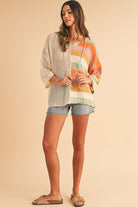 Beige Oversized Colorblock V Neck Hooded Sweater Sweaters bfd3c1dab44e4fd0