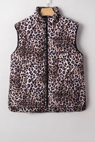 Brown Leopard Quilted Full Zipper Casual Puff Vest Coats c02a46acd7b36451