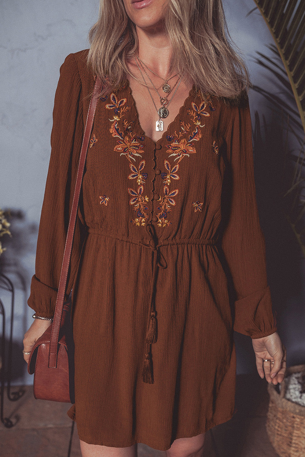 Burgundy Floral Embroidered Tassel Tie Waist Long Sleeve Mini Dress Short Dresses c03a06e2d4e421a5