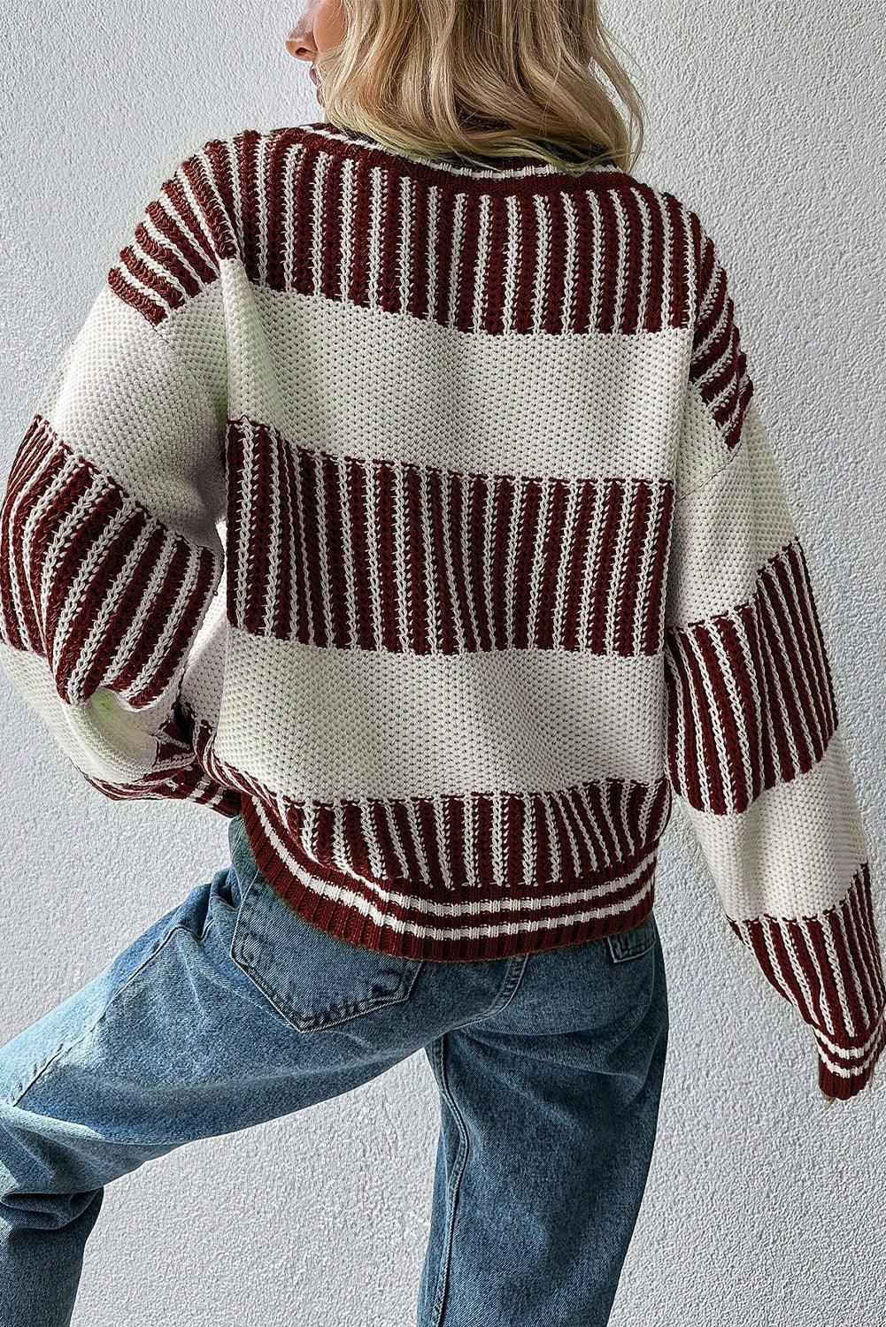 Brown Two Tone Striped Patchwork Drop Shoulder Sweater Sweaters c061c566d09a12cb