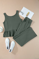 Duffel Green Solid Color Ribbed Ruffle Tank Top and Pants Set Two Piece Pants Sets c070e36af0283e6f