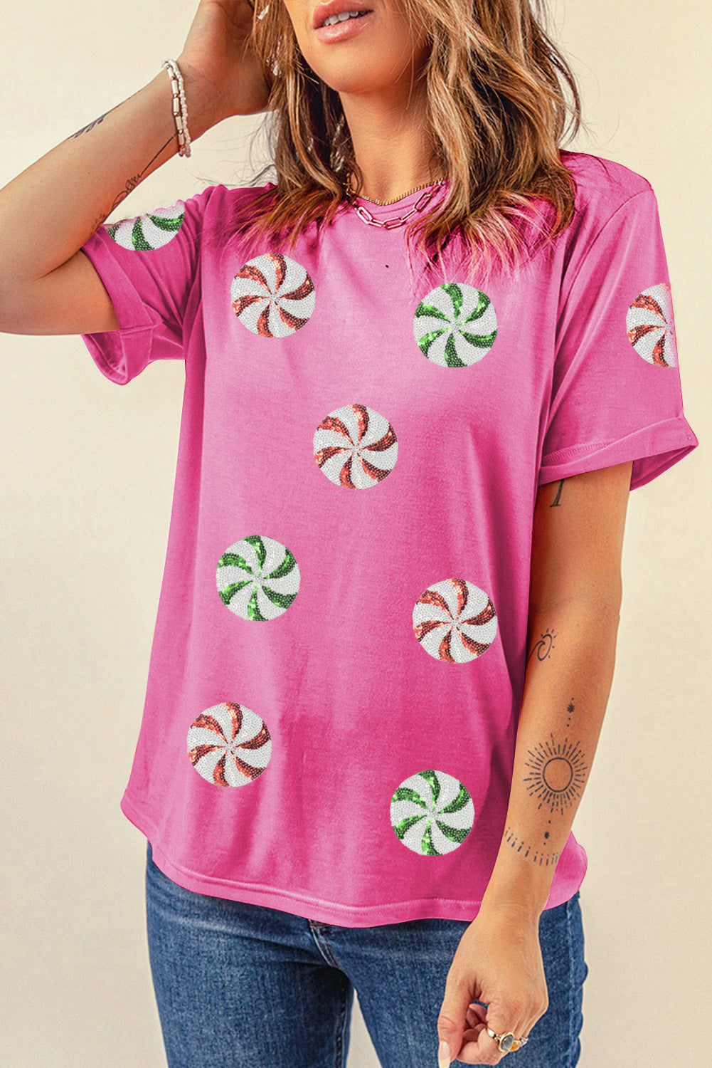 Sachet Pink Peppermint Candy Pattern Sequins Patch Christmas Custom T Shirt Graphic Tees c0720f53791ff411