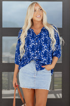 Blue Botanical Print Bracelet Sleeve Notched Neck Blouse Blouses c0958bca865f4d13