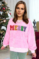 Sachet Pink Merry Letter Pattern Plush Pullover Long Sleeve Tops c0a9f129b0a2aef2