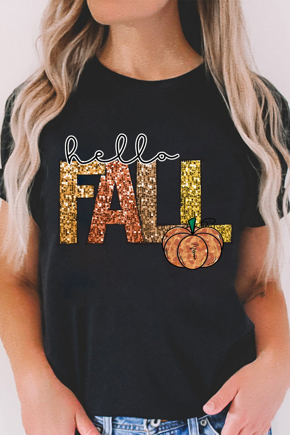 Black Hello Fall Letter Pumpkin Heat Transfer Printing T Shirt Graphic Tees c0b6389f45999f77