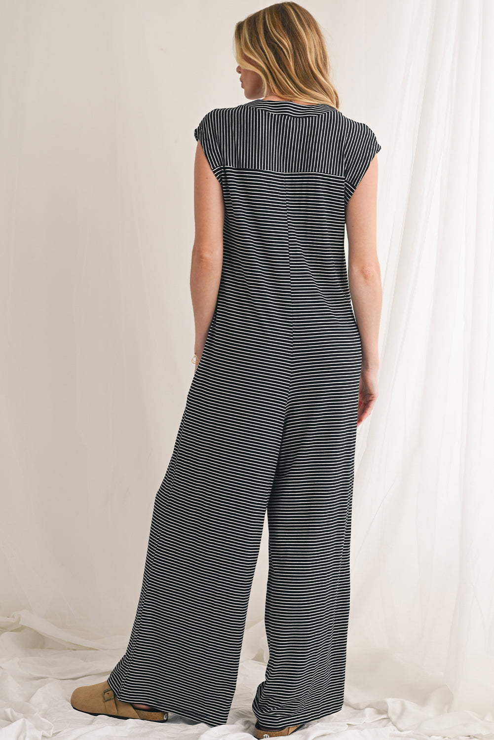 Black White Striped Button Sleeveless Jumpsuit Jumpsuits c0d15f13f7eff01c