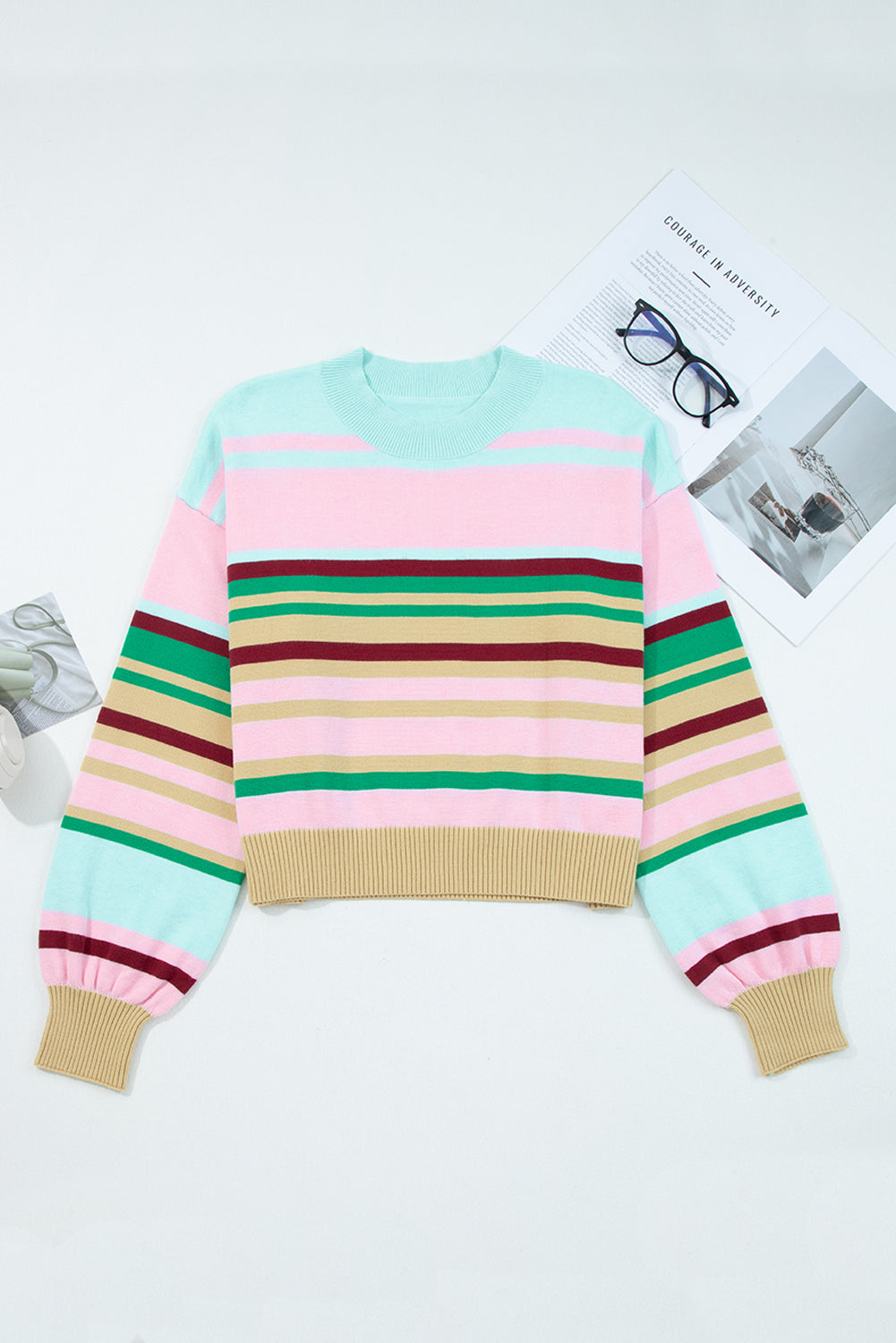 Multicolour Striped Knit Ribbed Trim Boxy Fit Cropped Sweater Sweaters c0d86ba1f5fec006