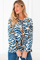 Blue Zebra Print Tied Front Puff Sleeve Top Blouses c106a1b77132269c