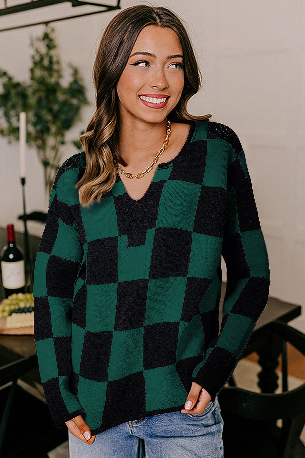 Black Checked Notched Neckline Drop Shoulder Knit Sweater Sweaters c12bf6731e041118