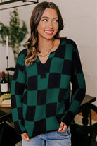 Black Checked Notched Neckline Drop Shoulder Knit Sweater Sweaters c12bf6731e041118