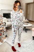White Holly Print Christmas Pullover Pants Pajama Set Loungewear Set c130b2b57c841472