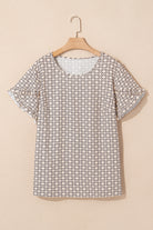 Khaki Geometric Print Frill Tulip Sleeve Plus Size Blouse Plus Size Tops c1451b28dc9747a4