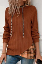 Chestnut Plaid Patchwork Ribbed Knit Drawstring Hooded Top Long Sleeve Tops c16d5b6ce0276b45