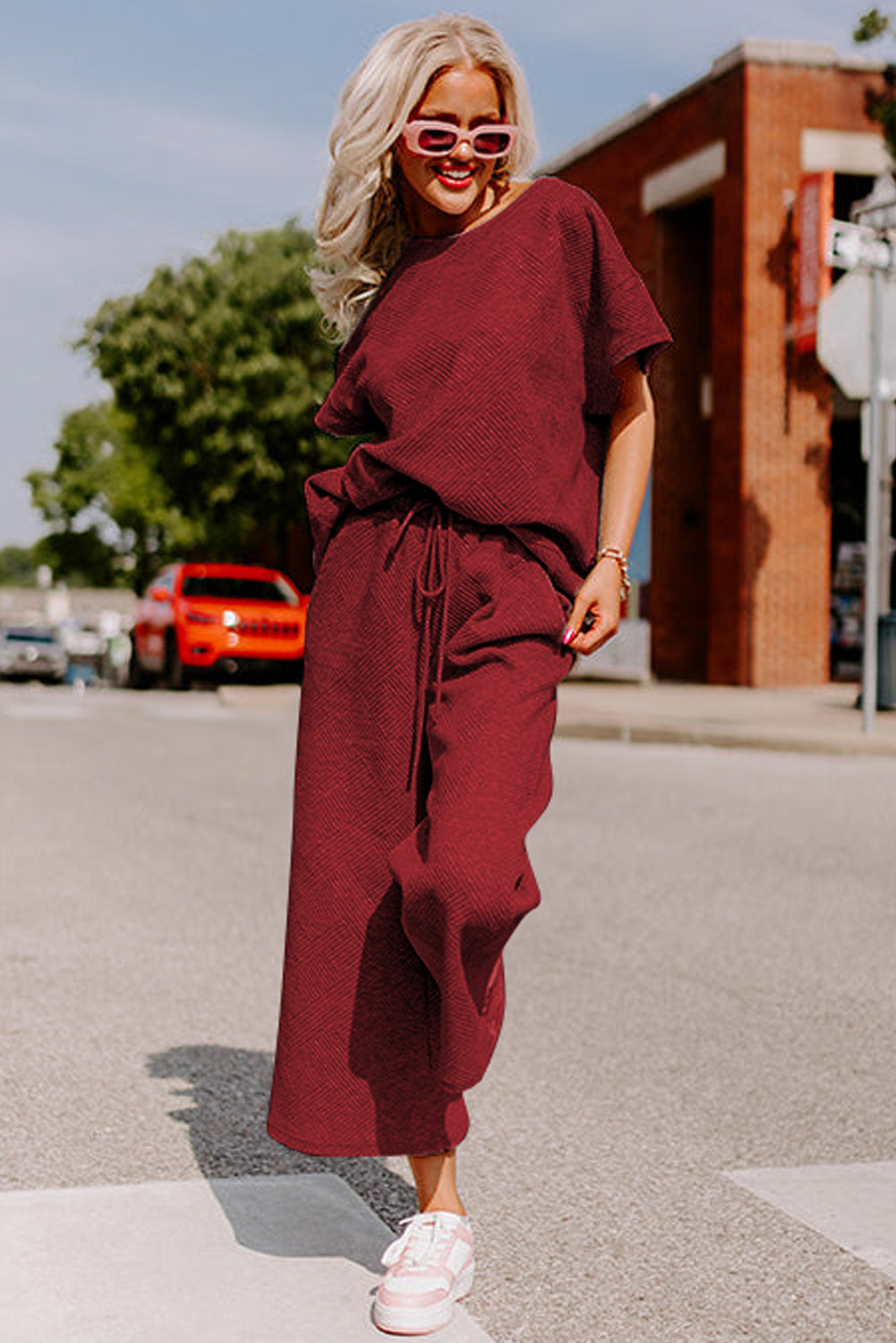 Red Dahlia Textured Loose Fit T Shirt & Drawstring Pants Set Two Piece Pants Sets c16efe7c47f54173