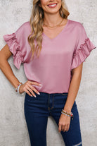 Toadstool Satin Ruffle Sleeve V Neck Blouse Blouses c177ec5d7b9f329e