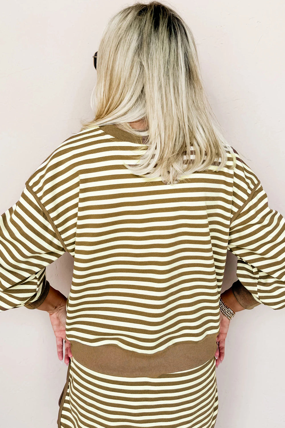 Brown Stripe Textured Drop Shoulder Pullover Top Drawstring Mini Skirt Two Piece Dress Set Two Piece Skirt Sets c189feb812639639