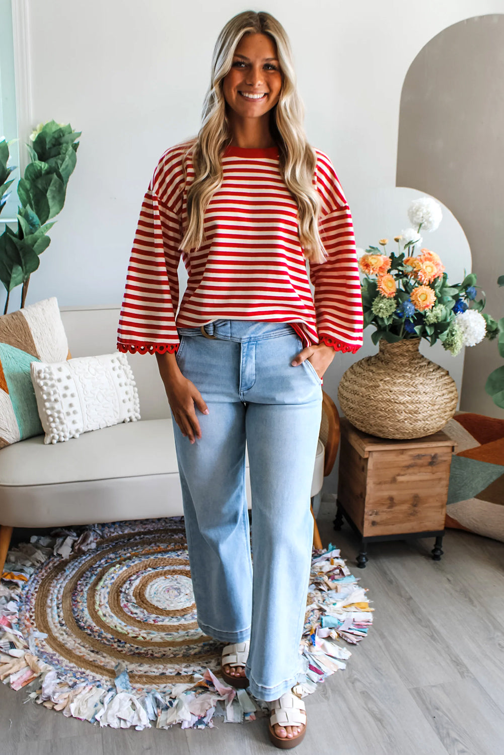 Sachet Pink Striped Round Neck Contrast Trim Bell Sleeve Top Long Sleeve Tops c1a3fcadae5f3a05