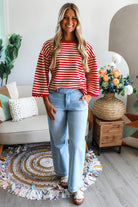 Sachet Pink Striped Round Neck Contrast Trim Bell Sleeve Top Long Sleeve Tops c1a3fcadae5f3a05