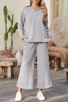 Light Grey Solid Textured Collared V Neck Top and Wide Leg Pants Set Two Piece Pants Sets c1a6327a35e45f1e