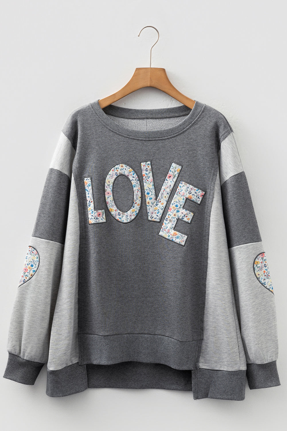 Dark Grey Floral LOVE Graphic Patchwork Uneven Hem Sweatshirt Sweatshirts & Hoodies c1a72209a72937a0