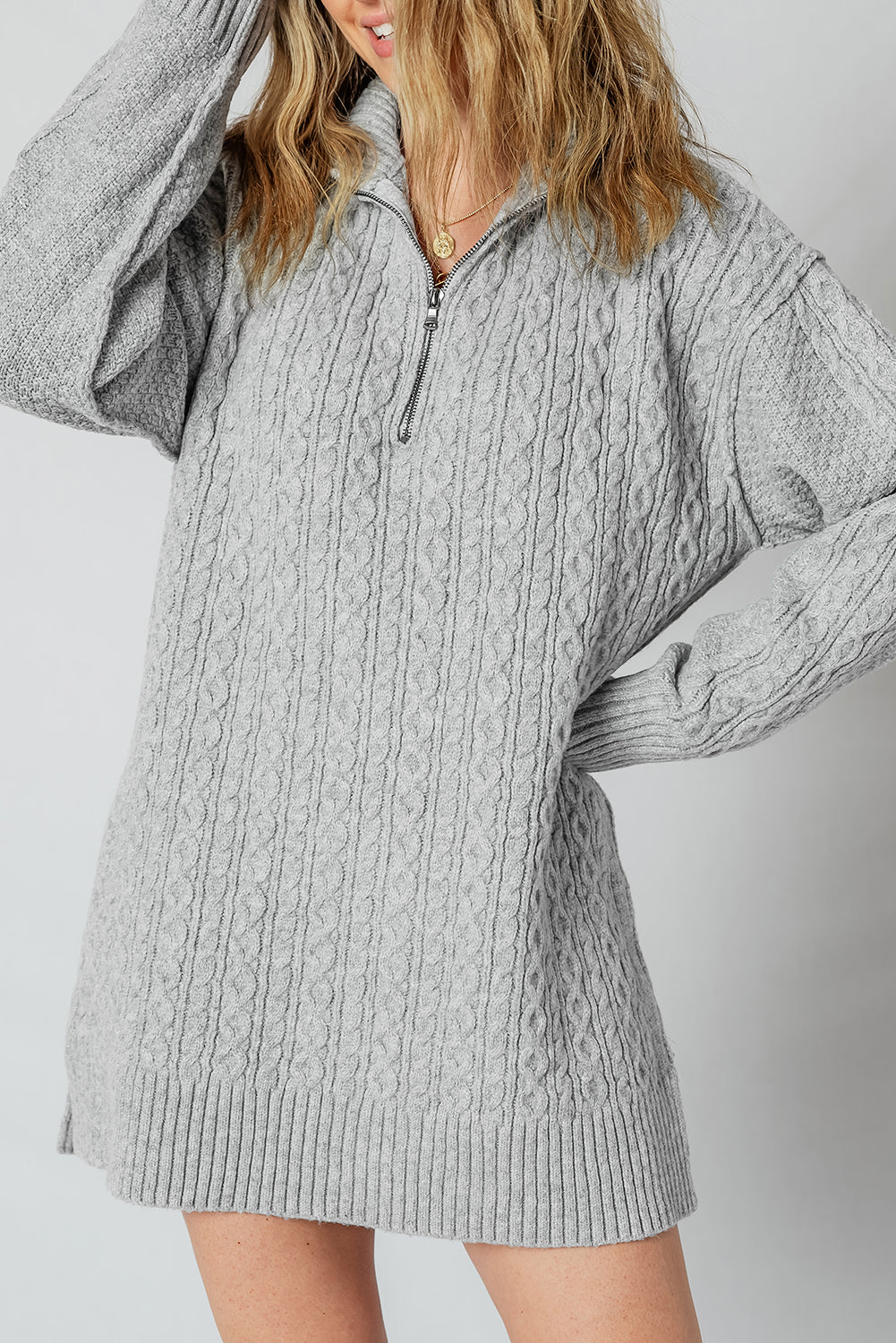 High-rise Quarter Zip Ribbed Trim Cable Knit Loose Sweater Dress Sweater Dresses c1ae97e513624ea6
