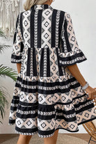 Black Abstract Print Bell Sleeve V Neck Boho Dress Short Dresses c1cae42945786a22