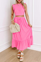 Bonbon Textured Ruffle Trim Crop Top and Drawstring Skirt Set Two Piece Skirt Sets c1d3370bb1679107