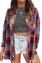 Orange Plaid Print Pocket Loose Shirt Shacket Long Sleeve Tops c1f05790f885449b