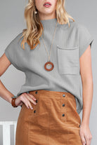 Oatmeal Patch Pocket Ribbed Knit Short Sleeve Sweater Knit Tops c263d2a204601953