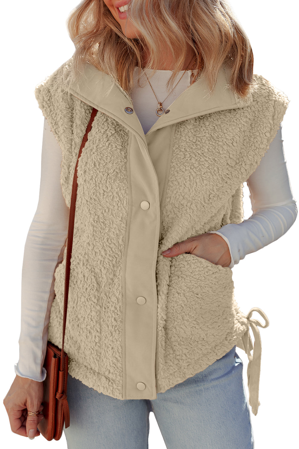 Beige Faux Fur Snap Button Front Knot Side Plush Vest Coats c268d9a2f7c1fca5
