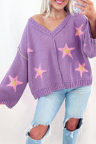 Lavendula Brushed Star Graphic V Neck Drop Shoulder Oversize Sweater Sweaters c269318054127e2d
