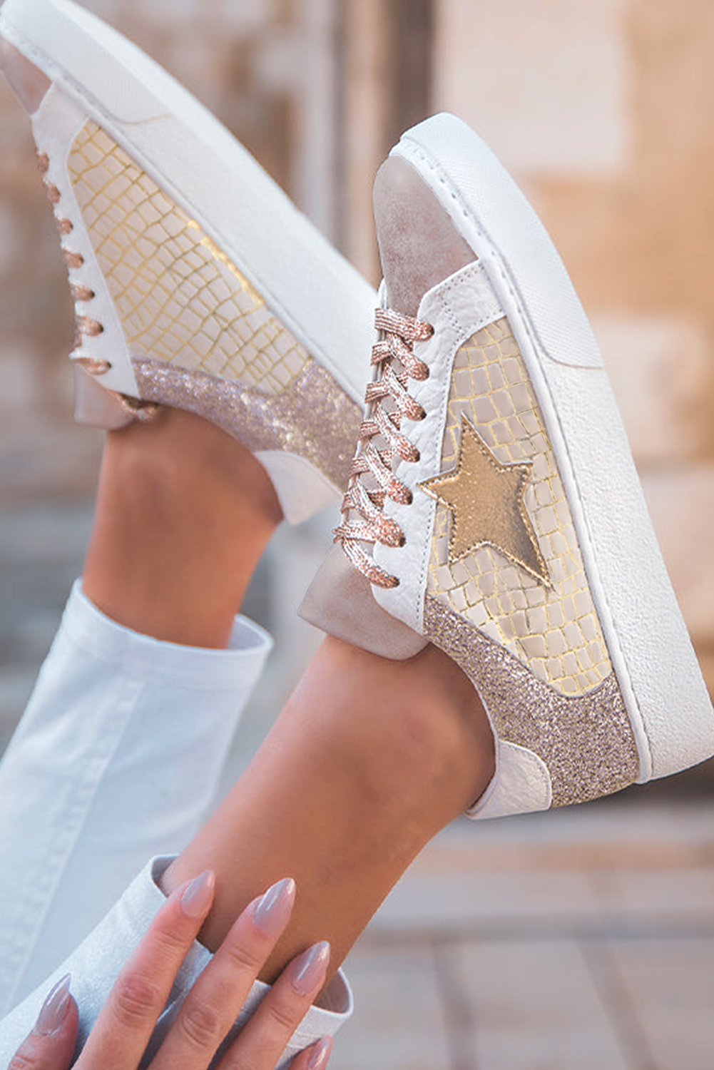 Gold Glitter Star Patchwork PU Leather Lace-up Sneakers Sneakers c27cb67c6418e4c2