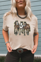 Khaki Sequin Horses Patched Casual Crewneck T Shirt Graphic Tees c28356df5523af74