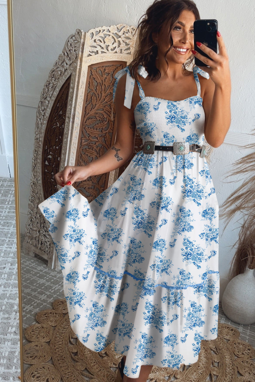 Sky Blue Floral Print Smocked Knot Shoulder Sleeveless Midi Dress Midi Dresses c29f913b9bd8d565