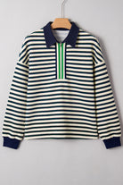 Navy Blue Pop of Color Zipper V Neck Striped Long Sleeve Top Long Sleeve Tops c2a95fcfa08d4766