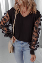 Black Flower Applique Mesh Long Sleeve V Neck Top Long Sleeve Tops c307b1655d451cd2