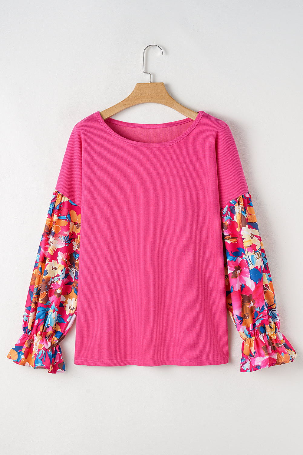 Bright Pink Floral Patchwork Flounce Sleeve Plus Knit Top Plus Size Tops c34711a1353361bd