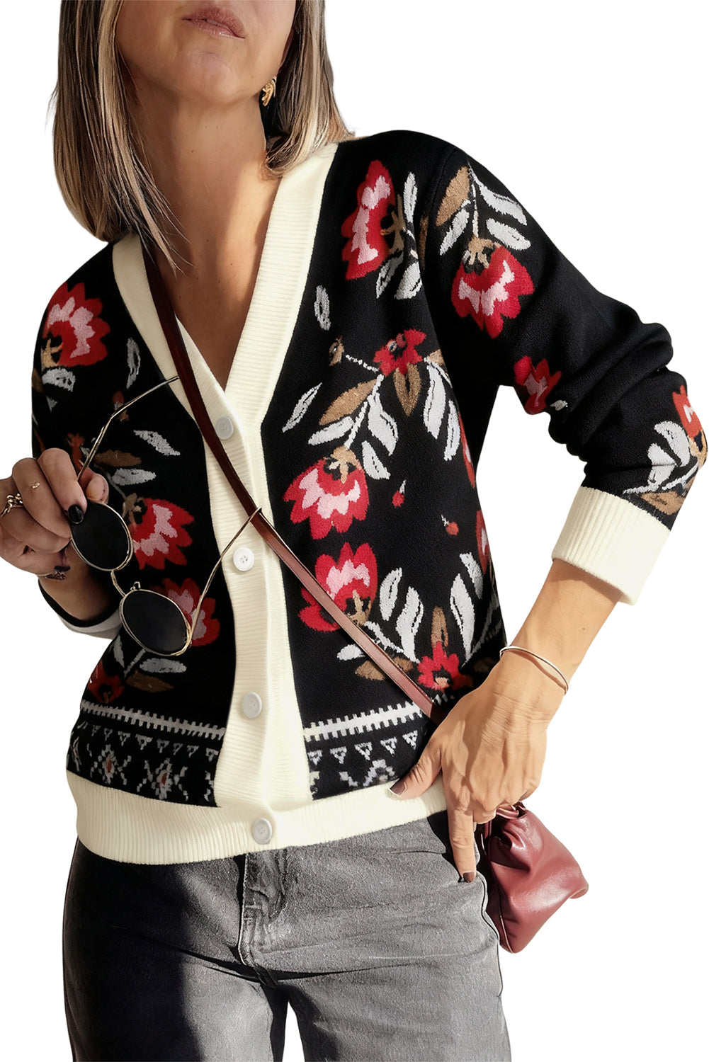 Black Floral Print Button Front V Neck Contrast Trim Cardigan Cardigans c386c00c3bdc46c5