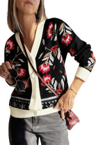 Black Floral Print Button Front V Neck Contrast Trim Cardigan Cardigans c386c00c3bdc46c5