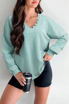 Mist Blue Mineral Wash Exposed Seam Buttoned V Neck Pullover Top Long Sleeve Tops c3bc5c41576d2df0