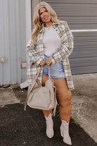 White Plaid Print Tunic Side Slits Plus Size Shacket Plus Size Outerwear c3d1b82b63f073bd
