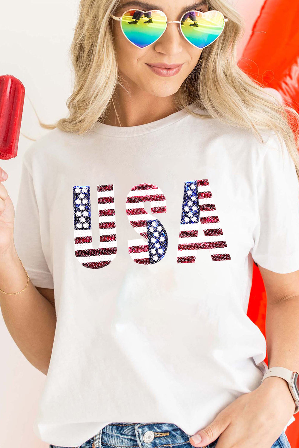 White USA Flag Sequin Graphic Patched Round Neck T Shirt Graphic Tees c3e474643274fdfb