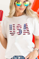 White USA Flag Sequin Graphic Patched Round Neck T Shirt Graphic Tees c3e474643274fdfb