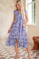 Dirty Blue Floral Print Smocked Waist Sleeveless Dress Midi Dresses c3f3e8464cd9ce1d