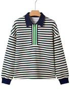Navy Blue Pop of Color Zipper V Neck Striped Long Sleeve Top Long Sleeve Tops c3fc57a76d830550