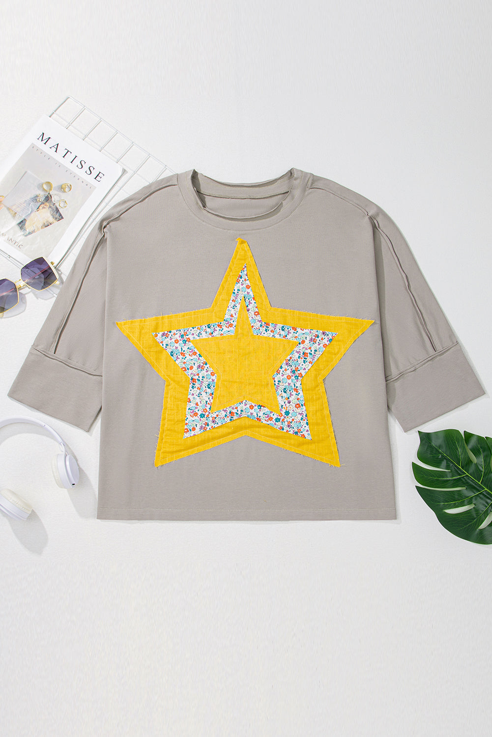 Medium Grey Floral Star Patched 3/4 Sleeve Plus Size Top Plus Size Tops c40e0f877e2760bc